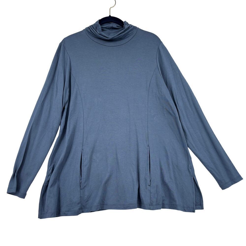 Susan Graver Turtleneck Tunic Size L Petite Blue Jersey‎ Knit Pockets Stretch